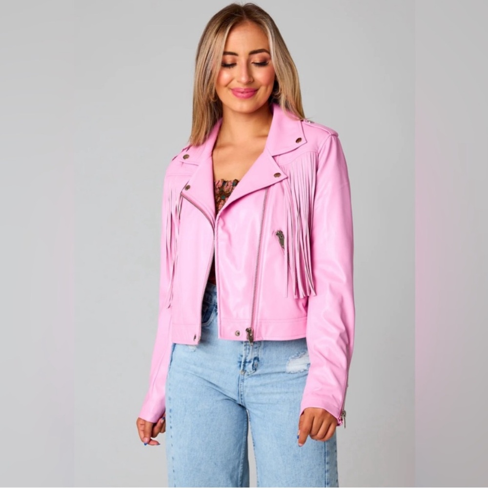 Buddy Love Francesca Fringe Vegan Leather Jacket in Pink
